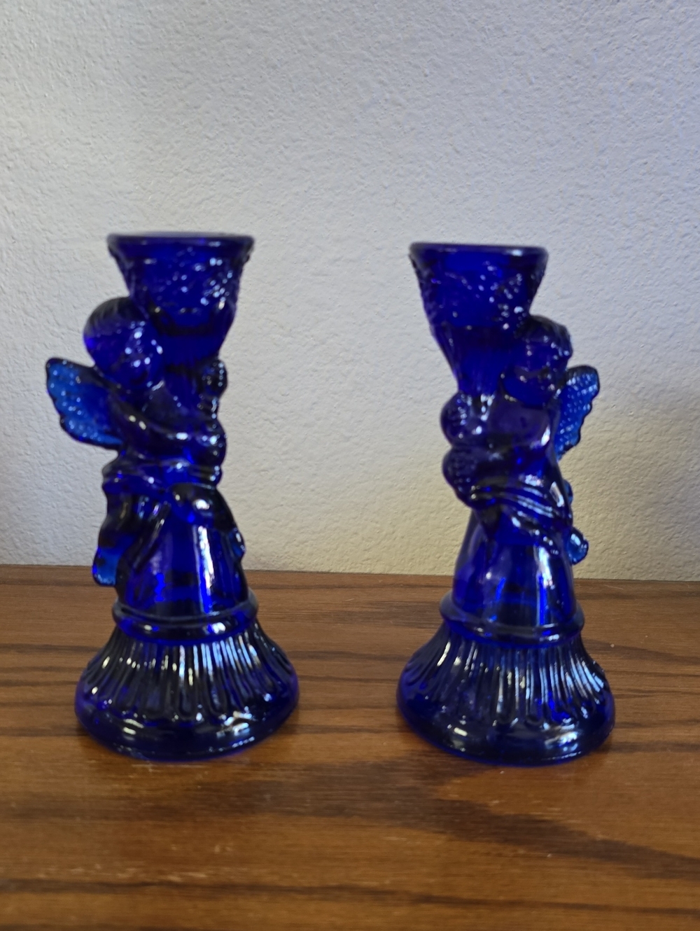 Vintage Cobalt Blue Candle Holders Cherub Angel Pressed Glass Tote 12